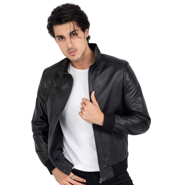 Real Lamb Leather Black Bomber Jacket for Men Regular Fit - B210