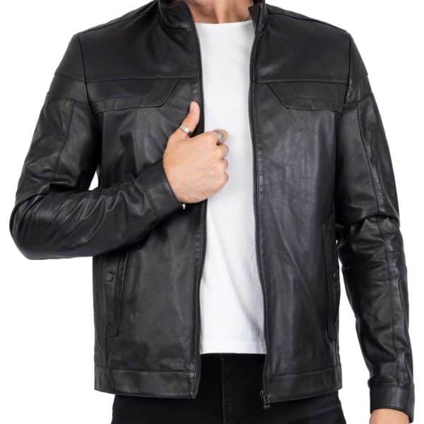 Real Leather Tailored Fit Mens Black Biker Jacket - B202