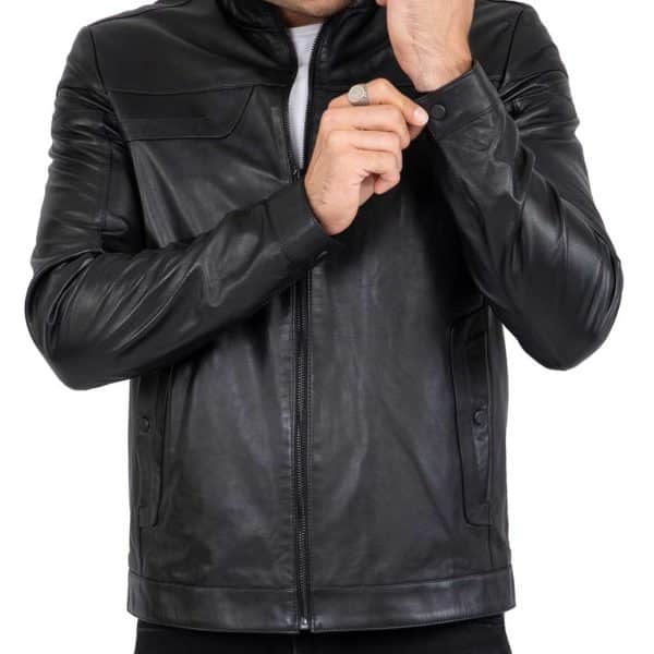 Real Leather Tailored Fit Mens Black Biker Jacket - B202