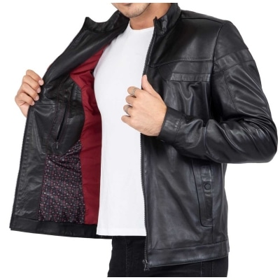 Real Leather Tailored Fit Mens Black Biker Jacket - B202