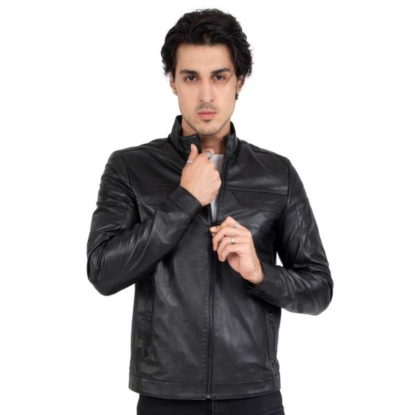 Real Leather Tailored Fit Mens Black Biker Jacket - B202