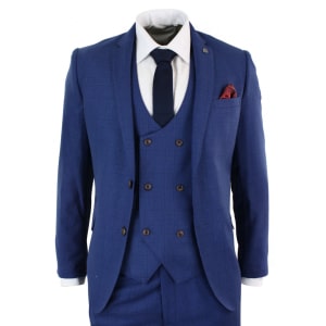 Mens Blue Check 3 Piece Slim Fit Suit