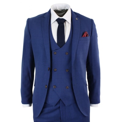 Mens Blue Check 3 Piece Slim Fit Suit