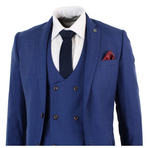 Mens Blue Check 3 Piece Slim Fit Suit