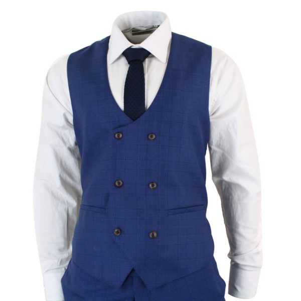 Mens Blue Check 3 Piece Slim Fit Suit