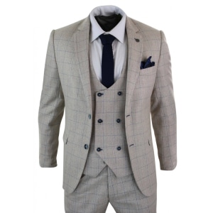 Men’s 3 Piece Cream Blue-Check Suit