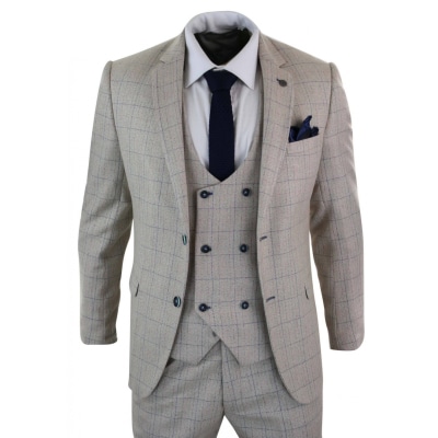 Men's 3 Piece Cream Blue-Check Suit