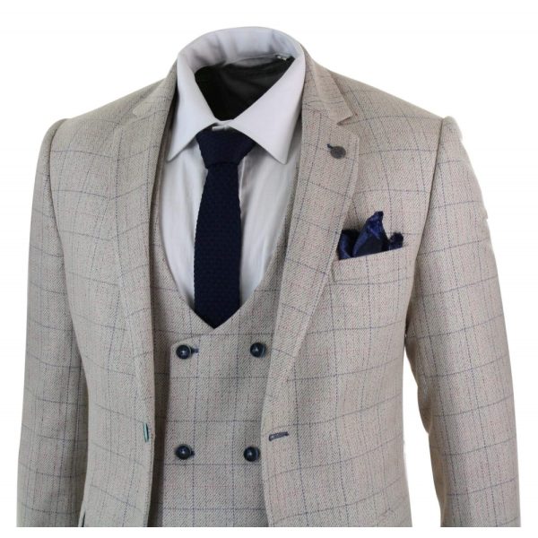 Men's 3 Piece Cream Blue-Check Suit