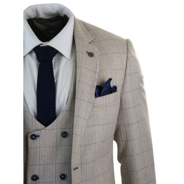 Men's 3 Piece Cream Blue-Check Suit