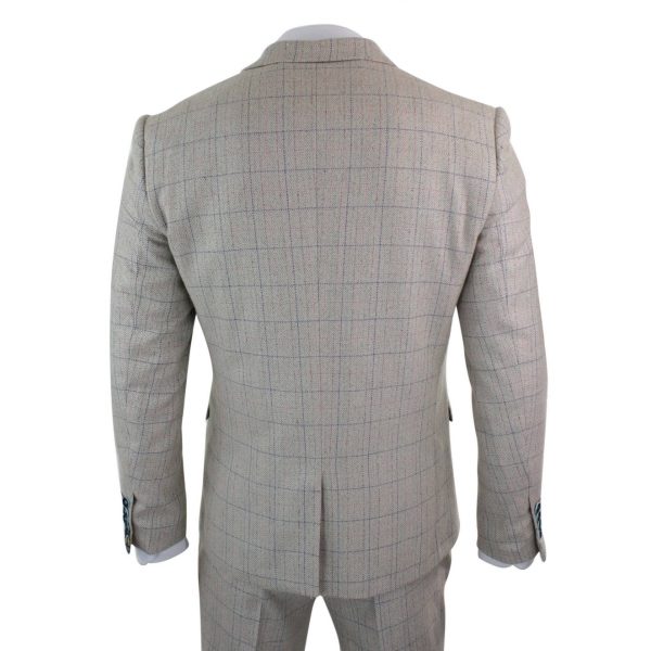 Men's 3 Piece Cream Blue-Check Suit