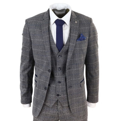 Marc Darcy Scott - Mens Grey with Blue Check 3 Piece Suit