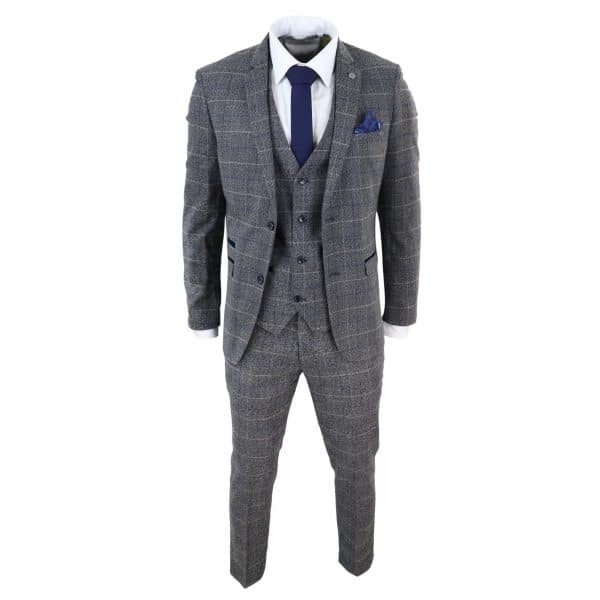 Marc Darcy Scott - Mens Grey with Blue Check 3 Piece Suit