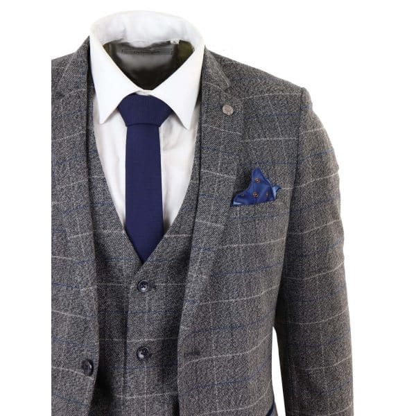 Marc Darcy Scott - Mens Grey with Blue Check 3 Piece Suit