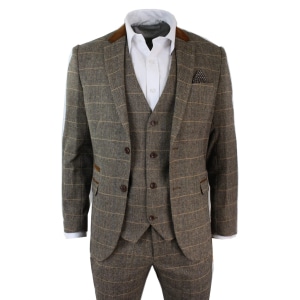 Mens Check Vintage Herringbone Tweed Tan 3 Piece Suit Slim Fit Wedding