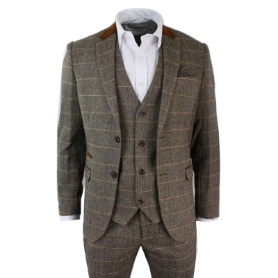 Mens Check Vintage Herringbone Tweed Tan 3 Piece Suit Slim Fit Wedding