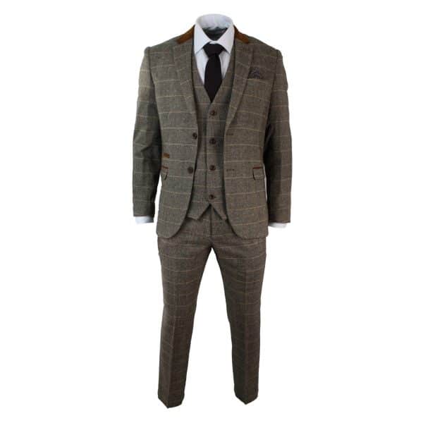 Mens Check Vintage Herringbone Tweed Tan 3 Piece Suit Slim Fit Wedding