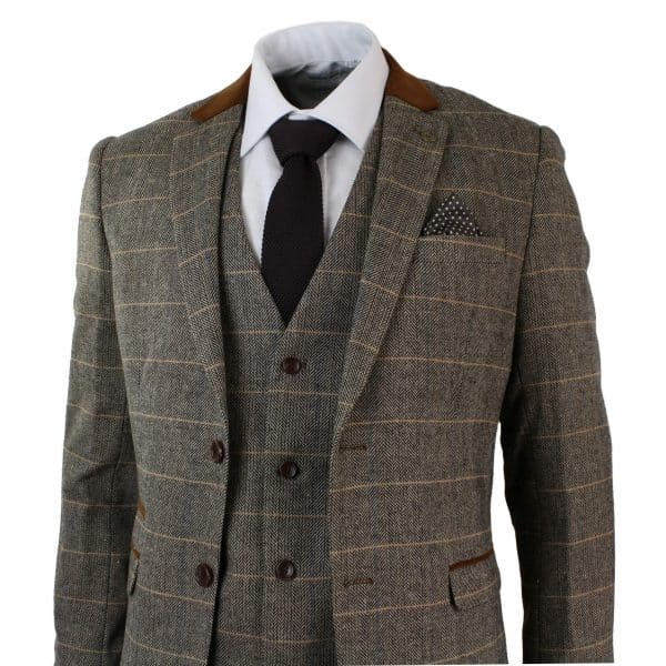 Mens Check Vintage Herringbone Tweed Tan 3 Piece Suit Slim Fit Wedding