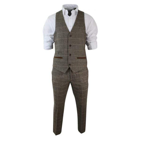 Mens Check Vintage Herringbone Tweed Tan 3 Piece Suit Slim Fit Wedding