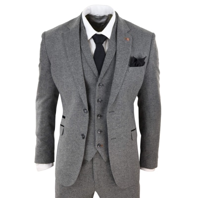 Mens Dark Grey Herringbone Tweed 3 Piece Suit