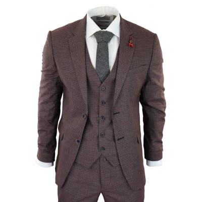 Burgundy-Grey Sheppard's Check 3 Piece Suit - RK20-10