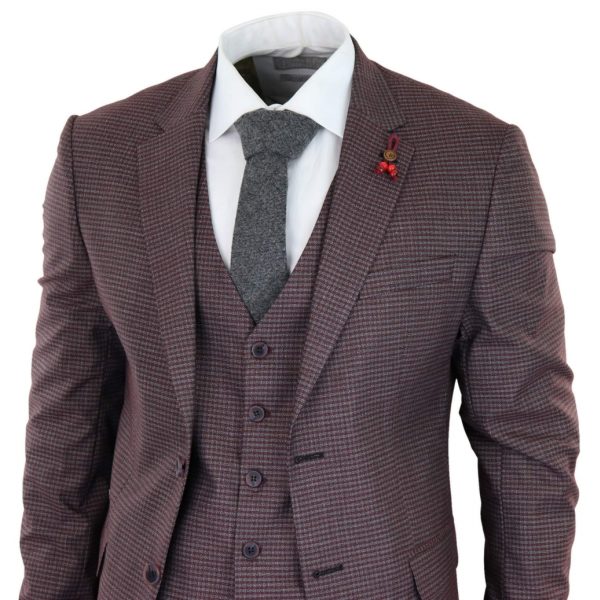 Burgundy-Grey Sheppard's Check 3 Piece Suit - RK20-10