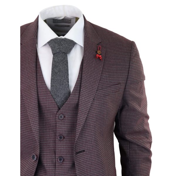 Burgundy-Grey Sheppard's Check 3 Piece Suit - RK20-10