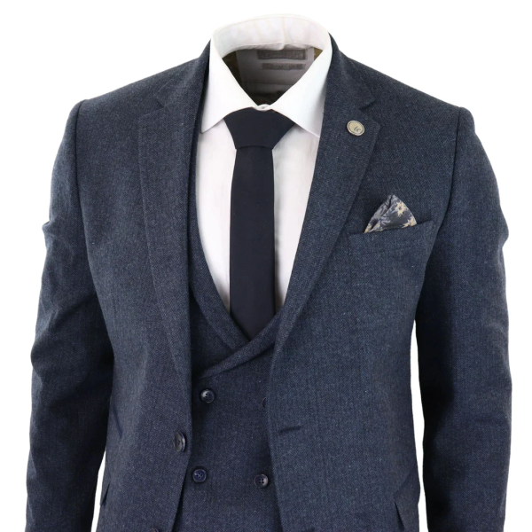 Mens Blue Herringbone Tweed 3 Piece Suit