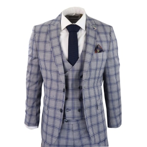 Men’s Grey Blue Check 3 Piece Suit