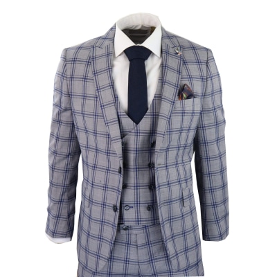 Men's Grey Blue Check 3 Piece Suit