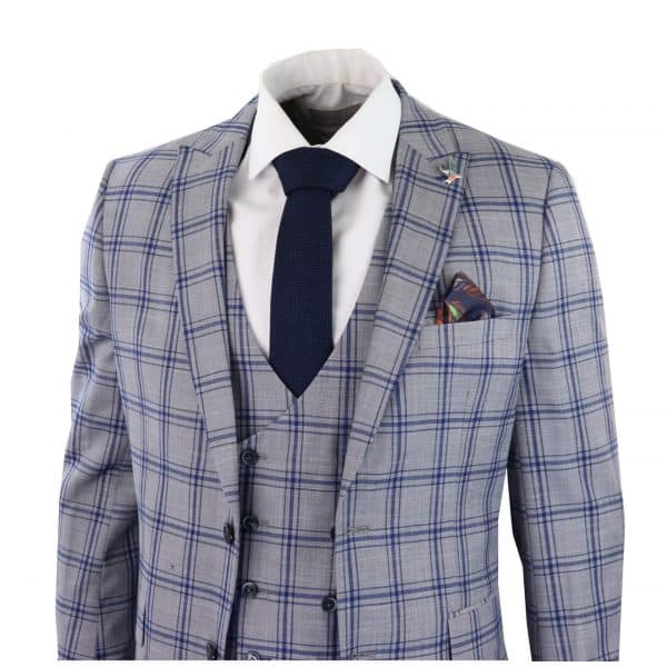 Men's Grey Blue Check 3 Piece Suit