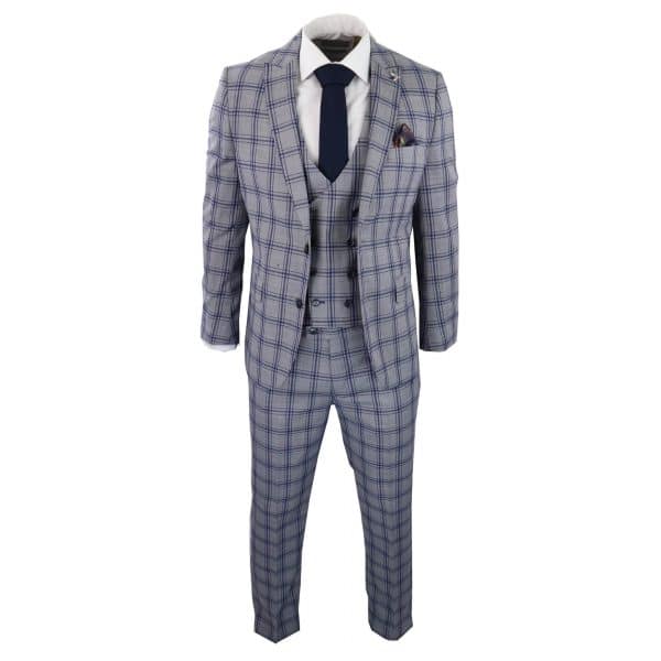 Men's Grey Blue Check 3 Piece Suit