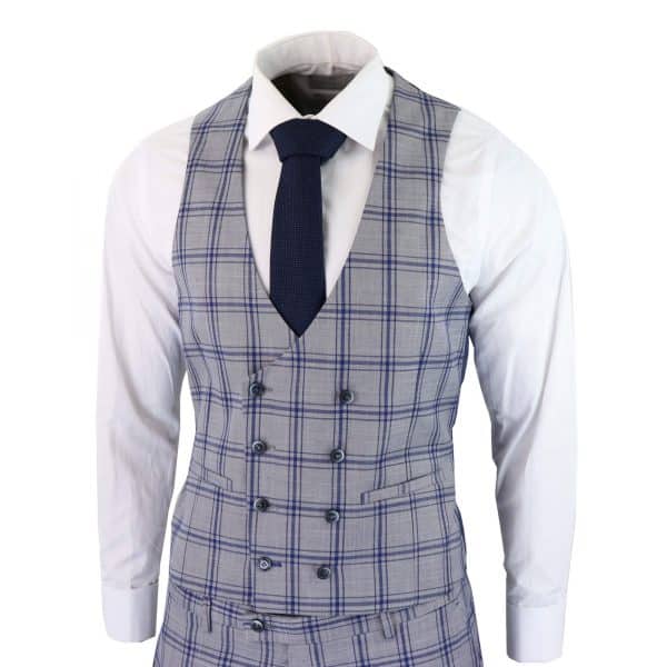 Men's Grey Blue Check 3 Piece Suit