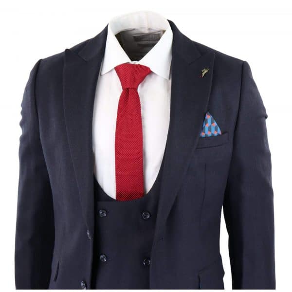 Men's Navy Herringbone 3 Piece Suit