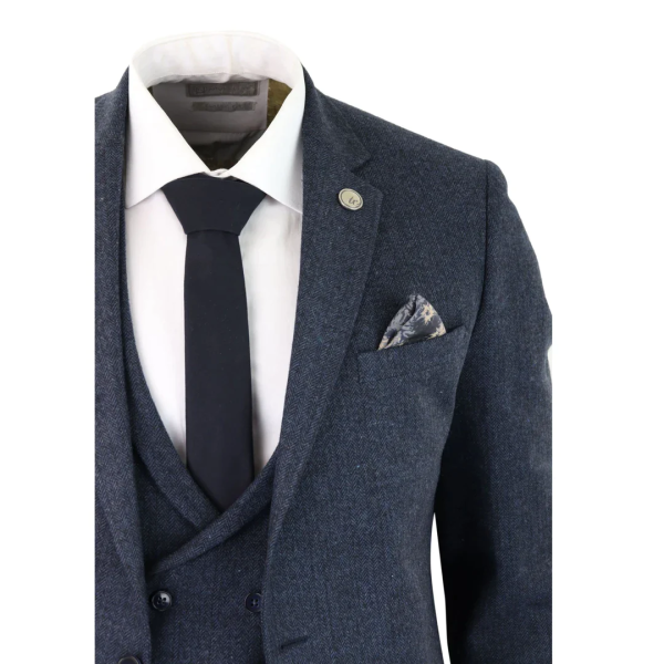 Mens Blue Herringbone Tweed 3 Piece Suit