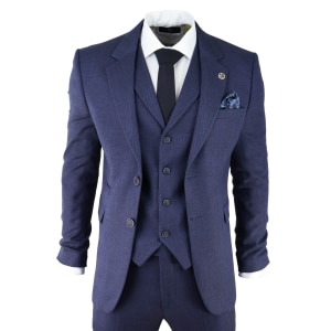 Men’s Navy-Blue Herringbone Tweed 3 Piece Suit