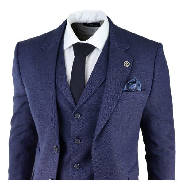 Men's Navy-Blue Herringbone Tweed 3 Piece Suit