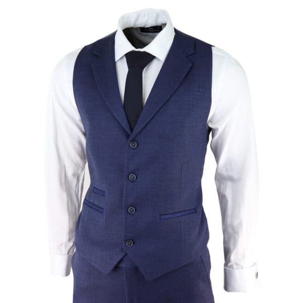 Men's Navy-Blue Herringbone Tweed 3 Piece Suit