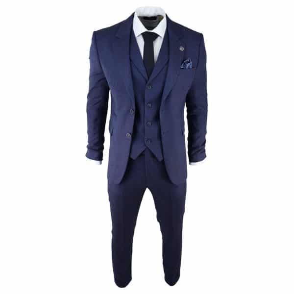 Men's Navy-Blue Herringbone Tweed 3 Piece Suit