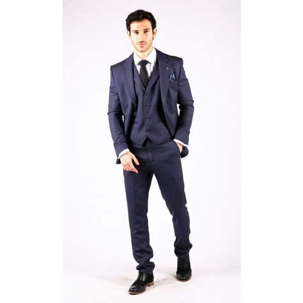 Men's Navy-Blue Herringbone Tweed 3 Piece Suit