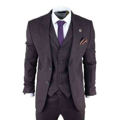 Men's Plum Herringbone Tweed 3 Piece Suit