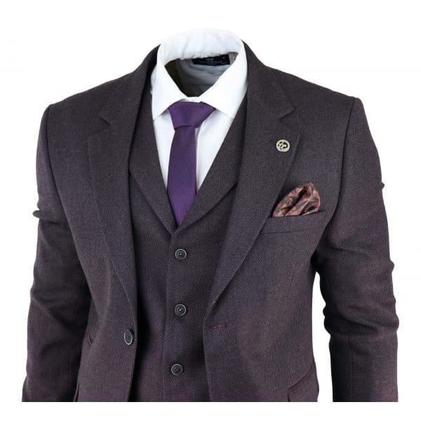 Men's Plum Herringbone Tweed 3 Piece Suit