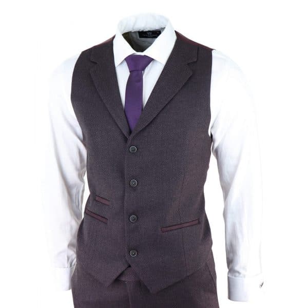 Men's Plum Herringbone Tweed 3 Piece Suit