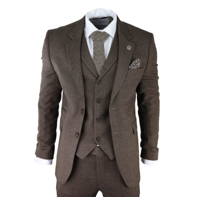 Men's Brown Herringbone Tweed 3 Piece Suit