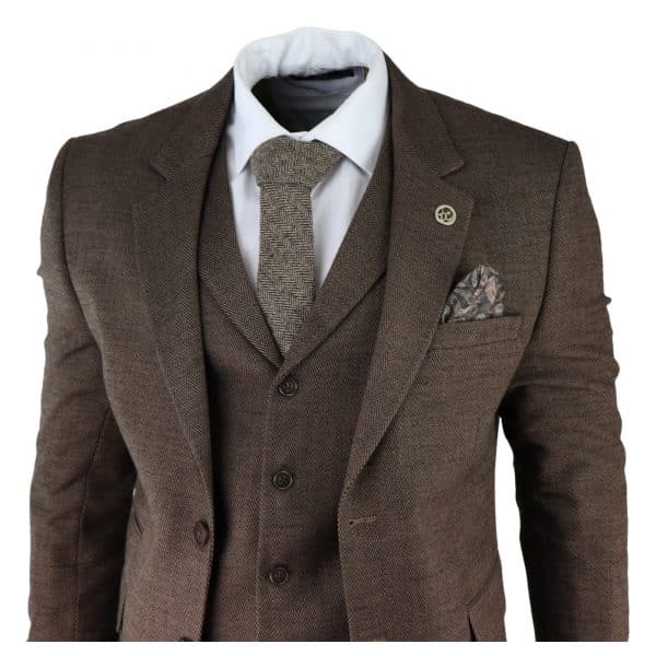 Men's Brown Herringbone Tweed 3 Piece Suit