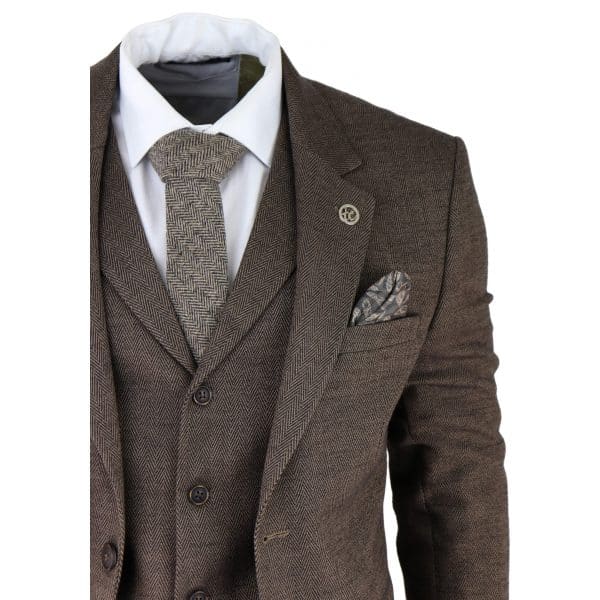 Men's Brown Herringbone Tweed 3 Piece Suit