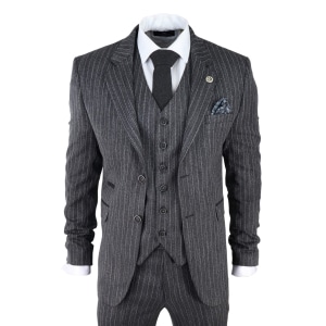 Men’s Grey Pinstripe Herringbone Tweed 3 Piece Suit