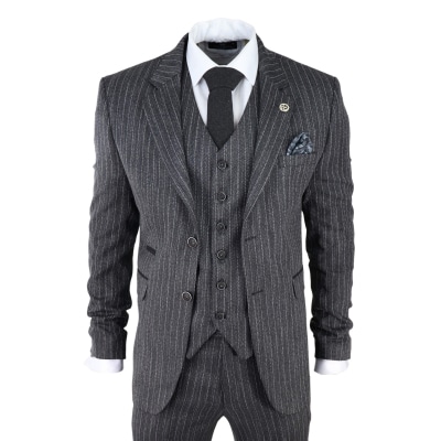 Men's Grey Pinstripe Herringbone Tweed 3 Piece Suit