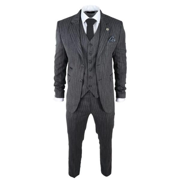 Men's Grey Pinstripe Herringbone Tweed 3 Piece Suit