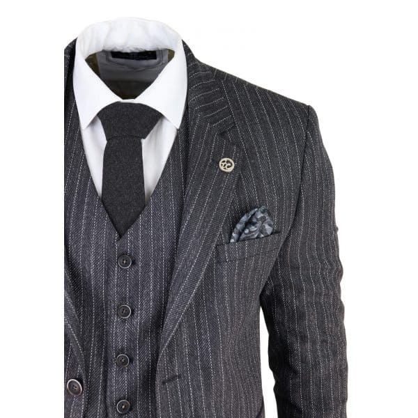 Men's Grey Pinstripe Herringbone Tweed 3 Piece Suit