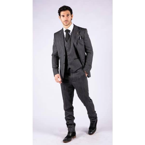 Men's Grey Pinstripe Herringbone Tweed 3 Piece Suit